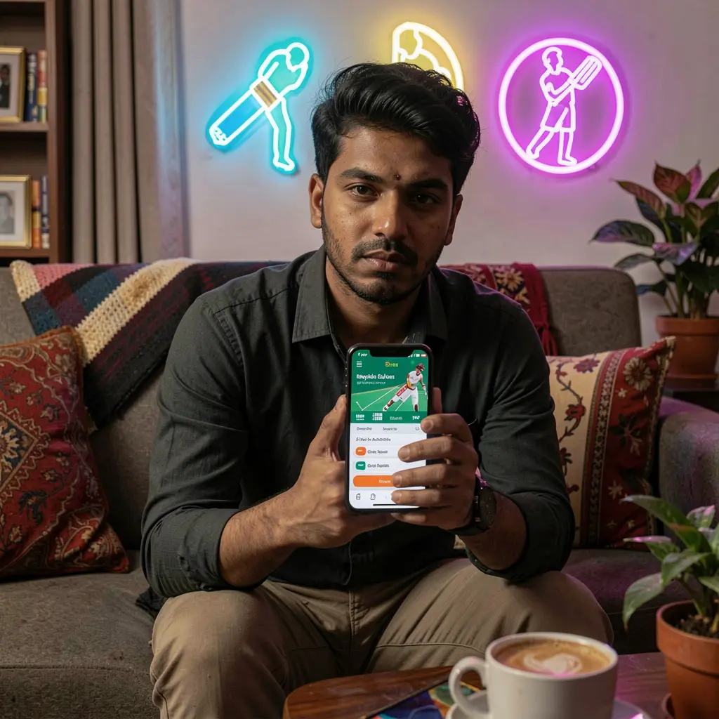 Confident Bangladeshi player enjoying advanced sports betting features of the 9R999 app with dynamic cricket visuals in the background