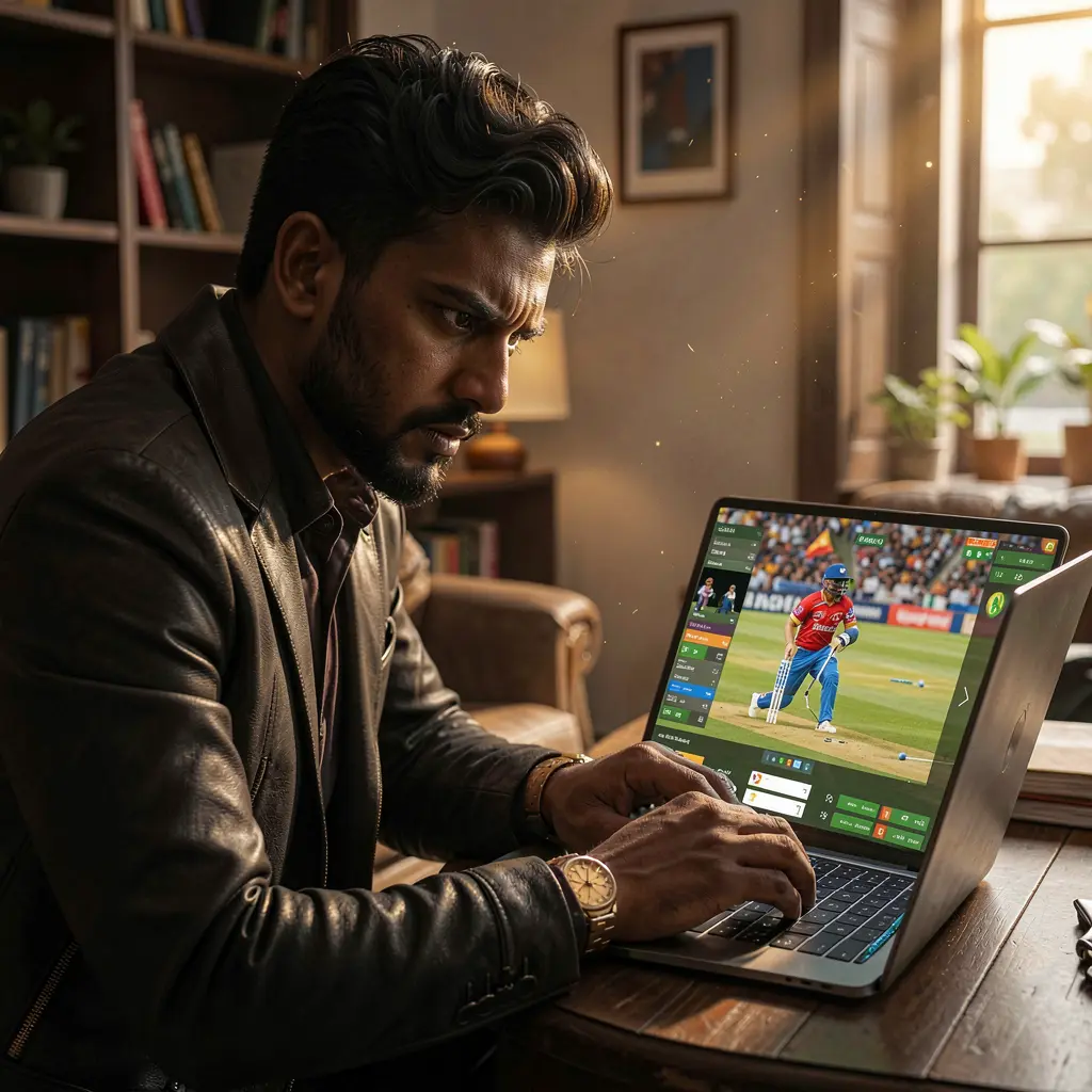 Stylish Bangladeshi player analyzing live cricket odds on a laptop with the 9R999 betting interface while watching a match