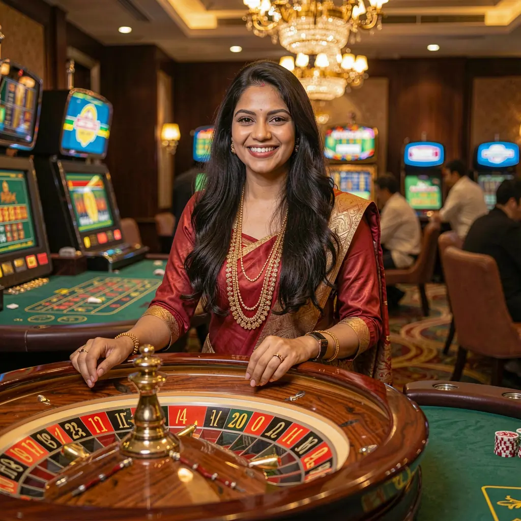 Elegant Bangladeshi casino hostess smiling confidently at a roulette table with vibrant lights representing the premium live casino experience at 9R999