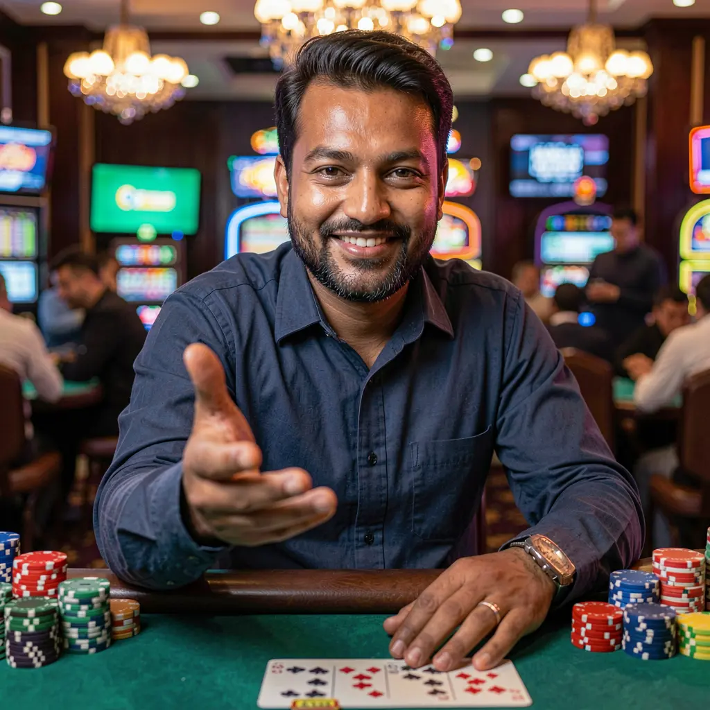 Friendly Bangladeshi live casino dealer reaching out with a smile surrounded by glowing chips representing the welcoming 9R999 login experience