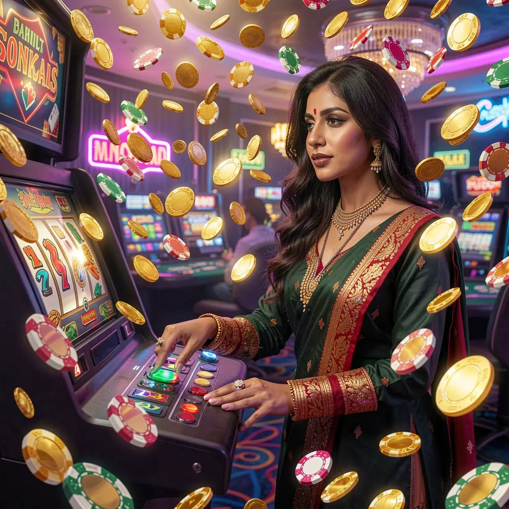 Focused female player in a neon lit casino atmosphere pressing a slot machine button with golden coins flying around showcasing immersive gameplay at 9R999 in Bangladesh